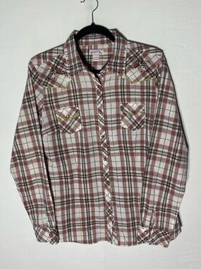 Vintage Y2K Cowgirl Up Pink Brown Studded Plaid Snap Front Shirt L Stampede